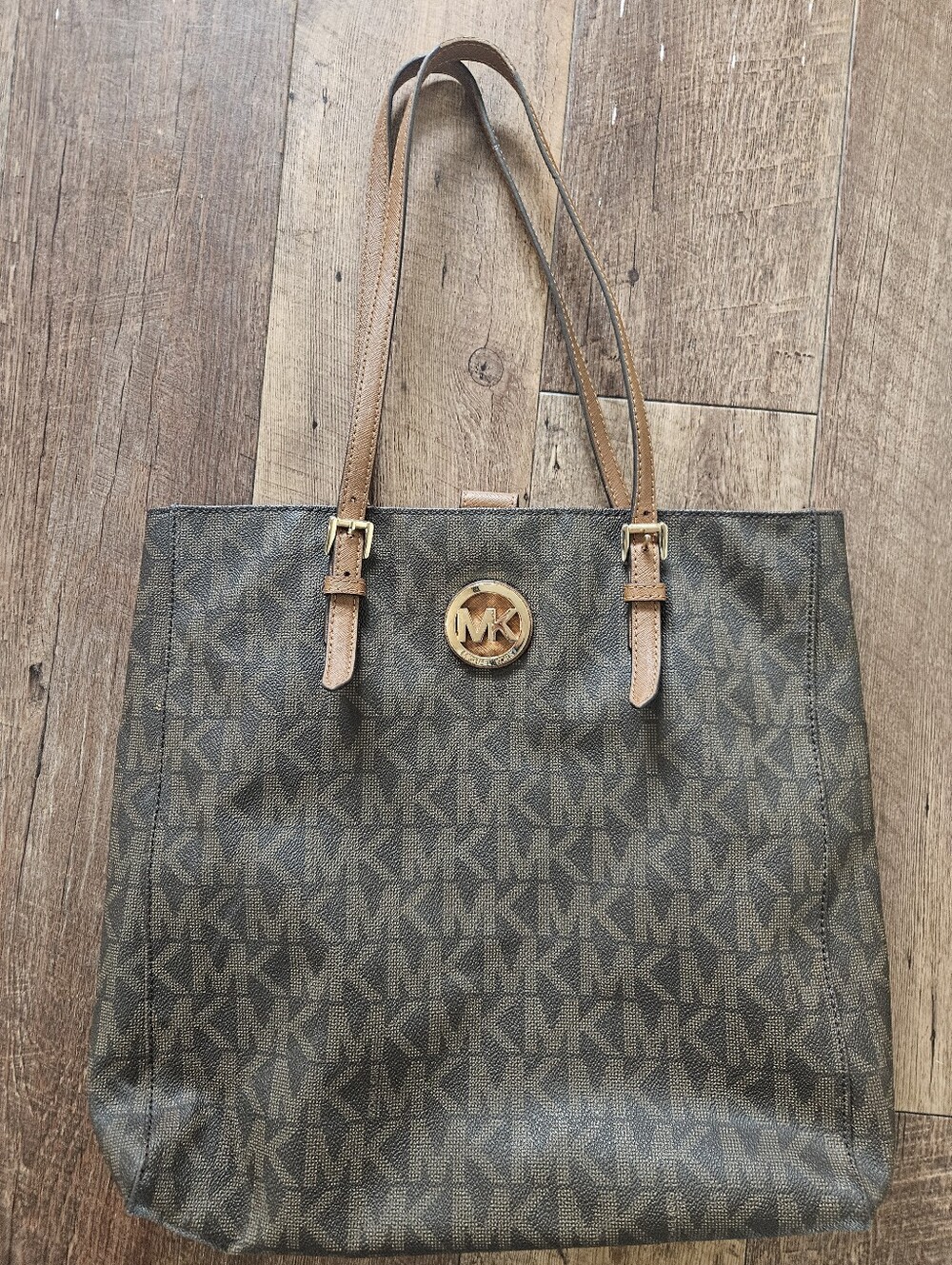 Michael Kors Brown & Gold MK Logo Tote with Tan Leather Straps